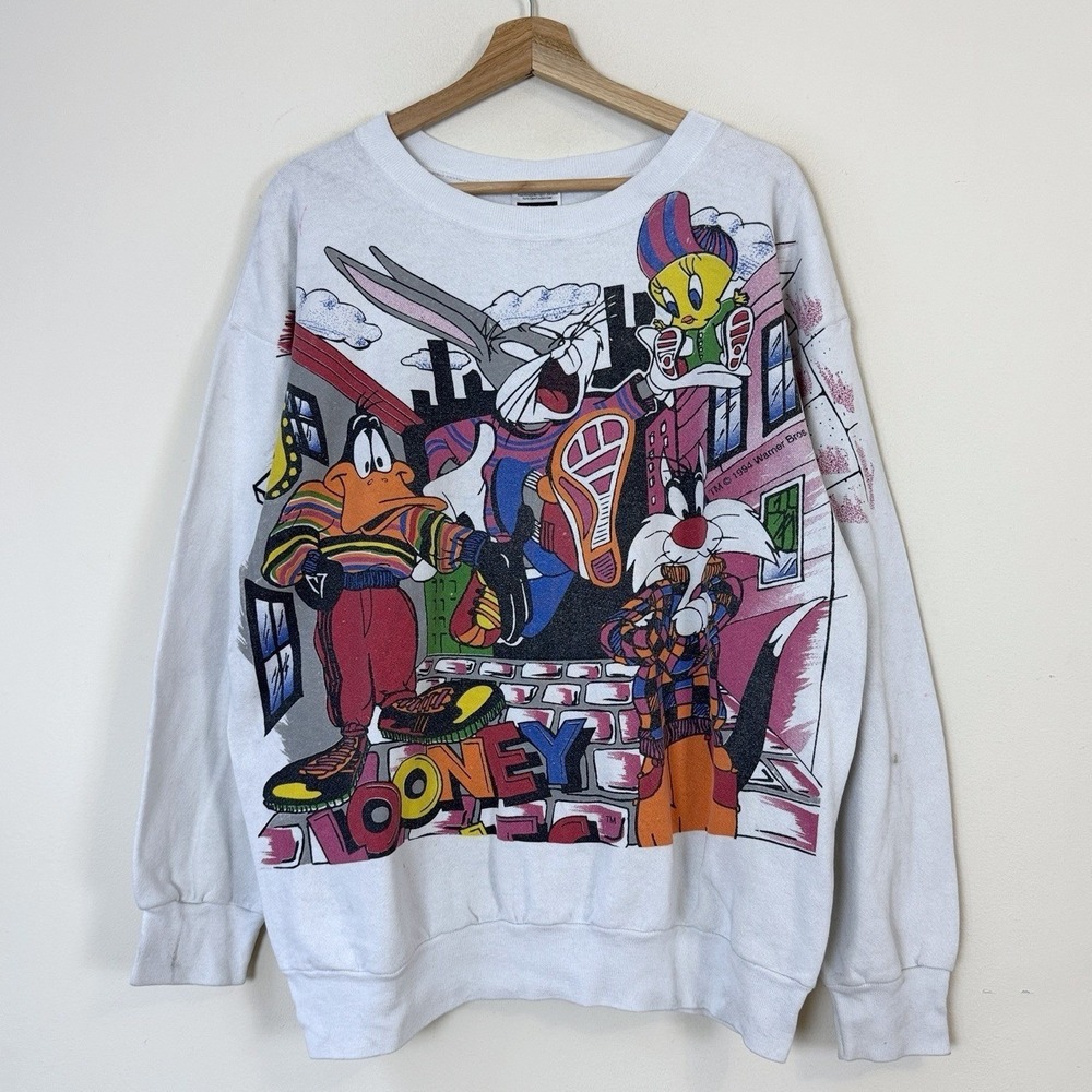 Vintage 90s Looney Tunes Freeze Cartoon AOP Hip Hop White Crewneck Sweatshirt XL